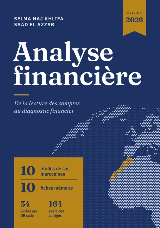 Couverture du manuel Analyse financière, édition 2026 : titre en blanc sur bleu nuit, globe en points avec le Maroc en ocre.